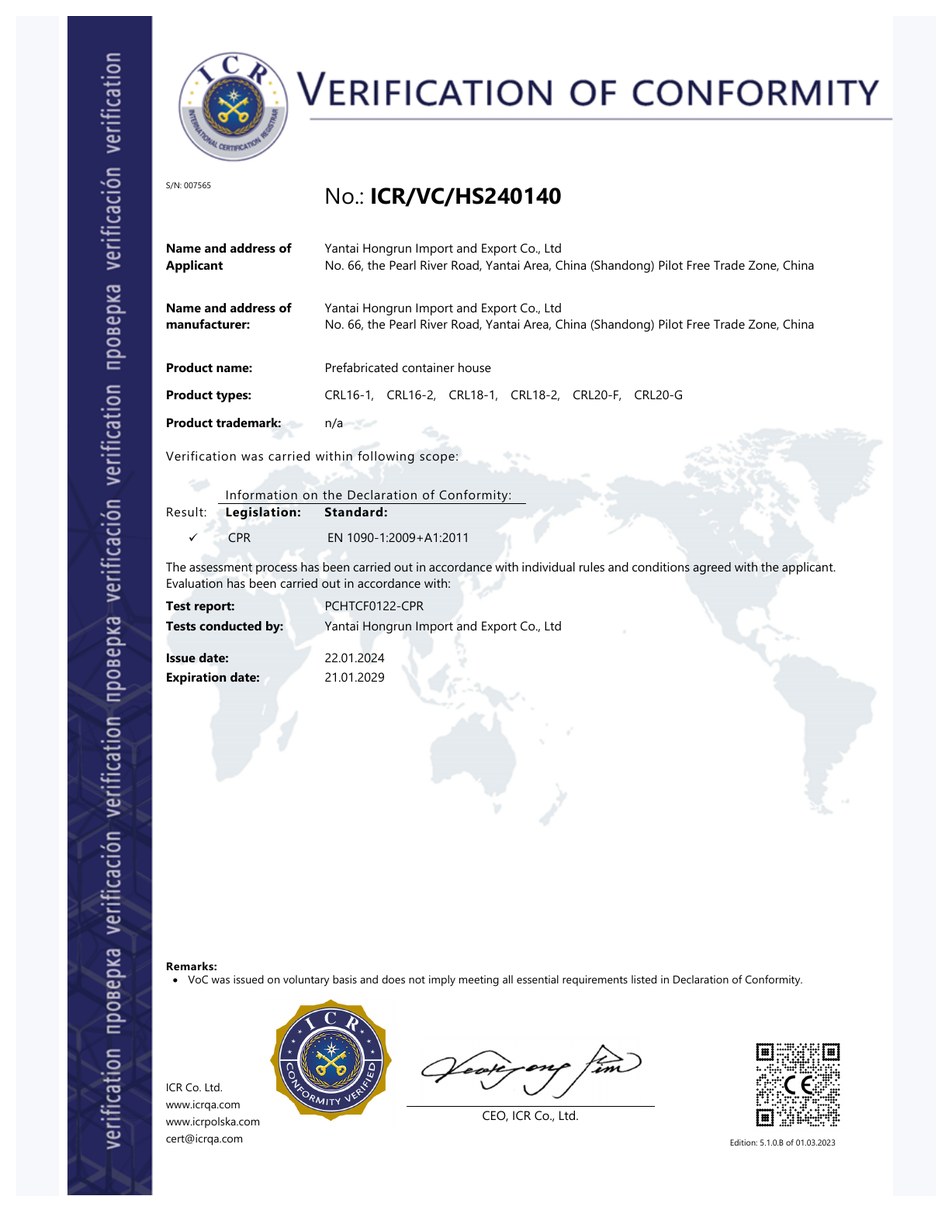 Prefab Container House ICR Certificate