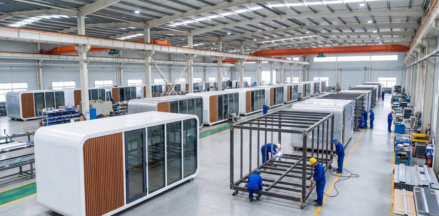 Modular cabins and steel frames on the Hongrun factory production floor